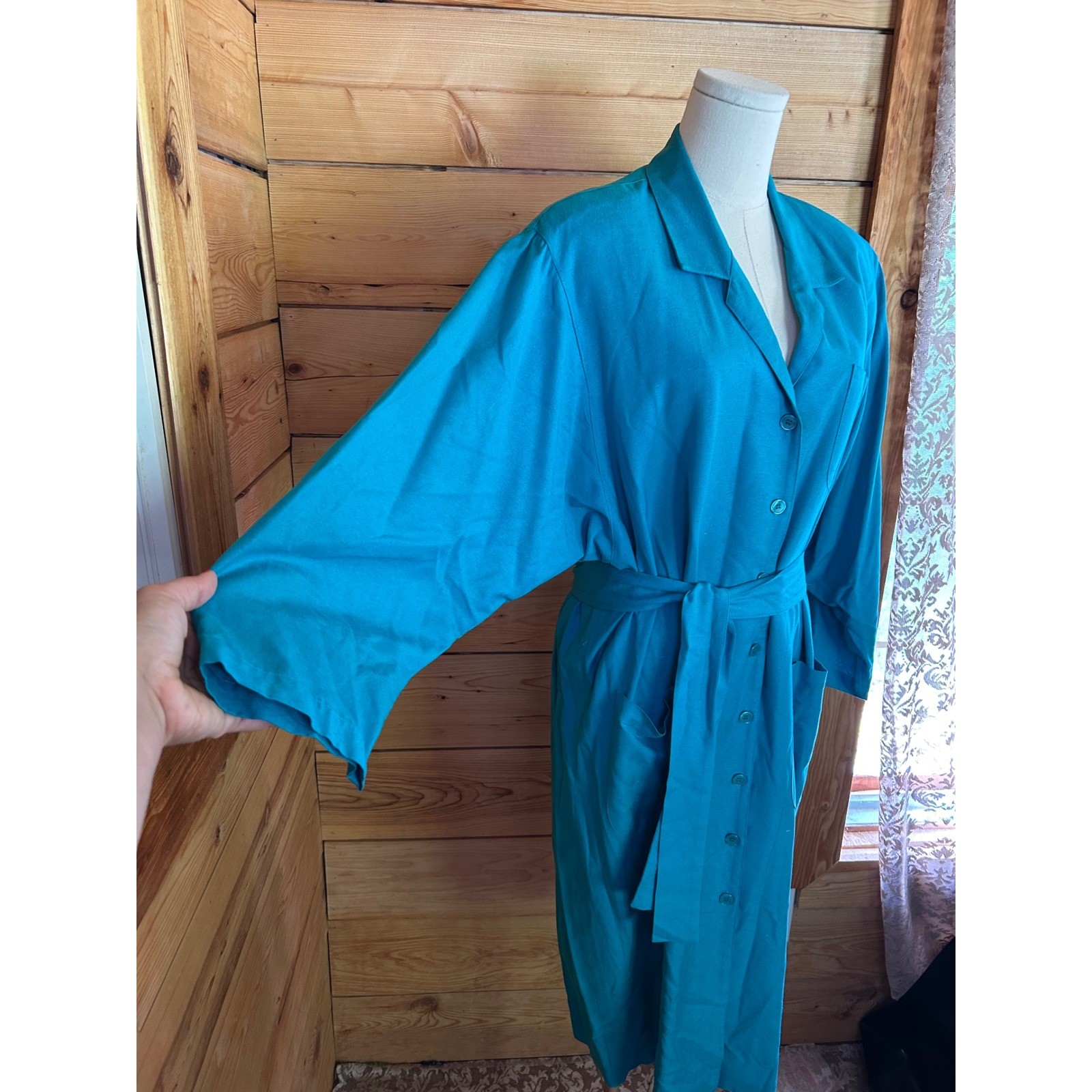 Vintage Silk Shirt Dress Women Size 14 Turquoise Teal Blue Midi Michel Laurent