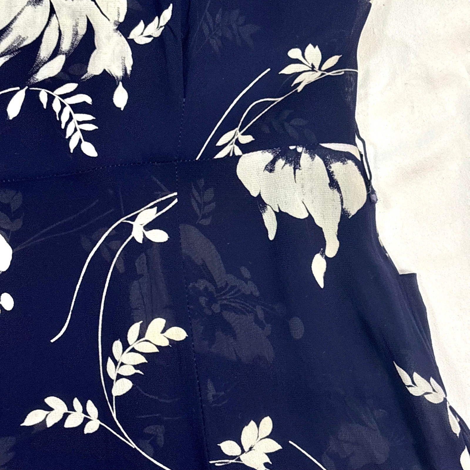Vintage 1940s Silk Chiffon Shirtwaist Dress Navy Blue Tropical Floral Print