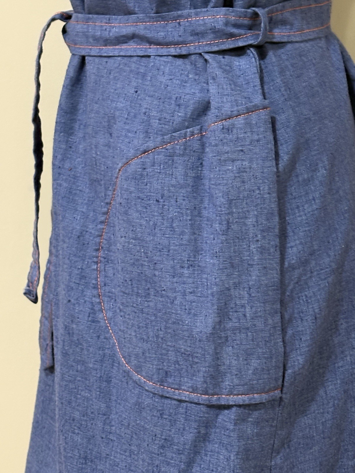 Vintage 70s Chambray Denim Mod Day Dress Mini Belted Pockets Contrast Stitch S