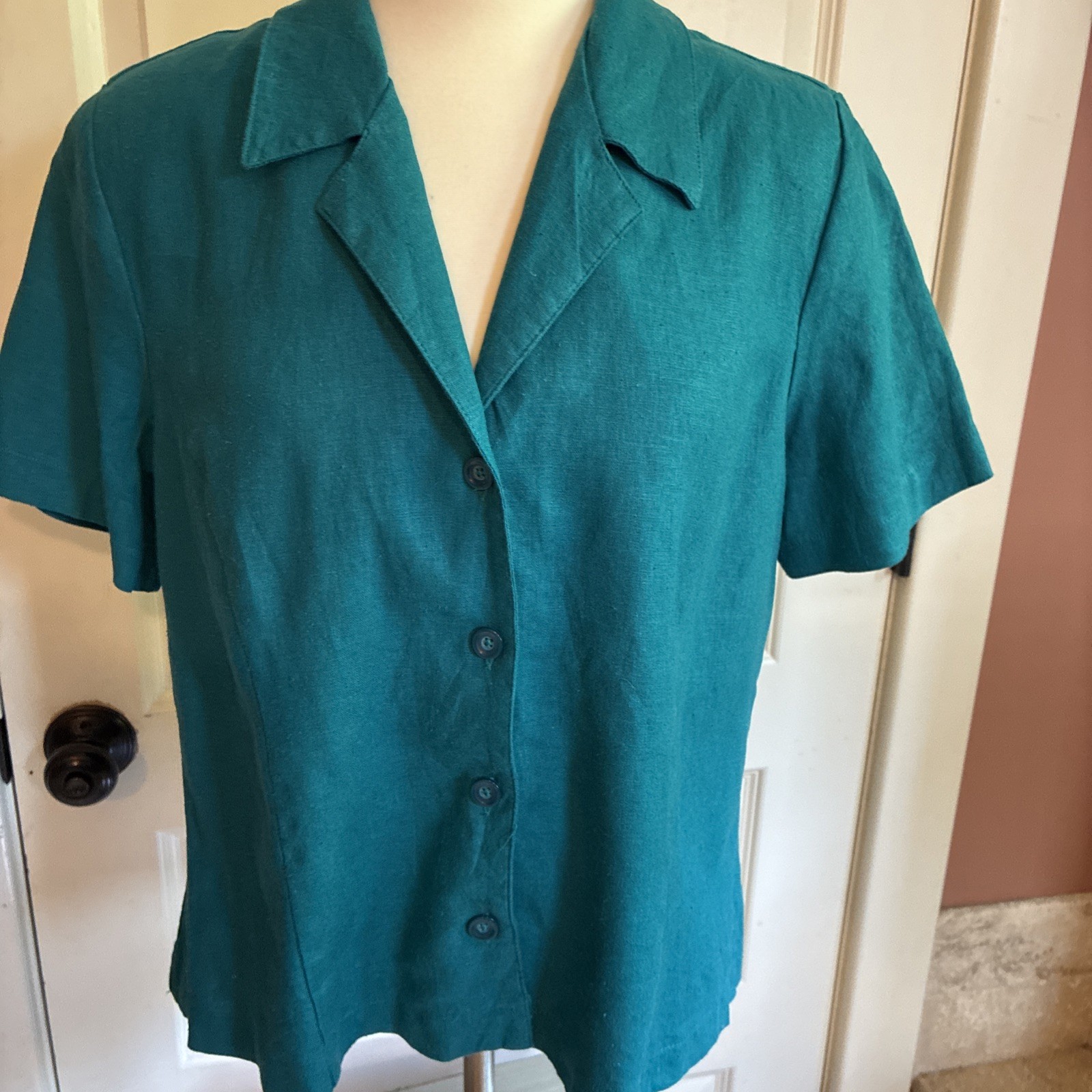 Vintage Linen Teal Collared Button Up Blouse Large Short Sleeve Blue Green 90s