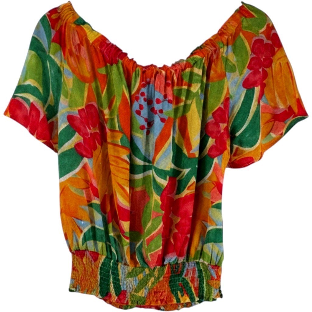 Rachel Roy Tropical Off Shoulder Smocked Blouse L Farm Rio Vibes Boho Y2K EUC
