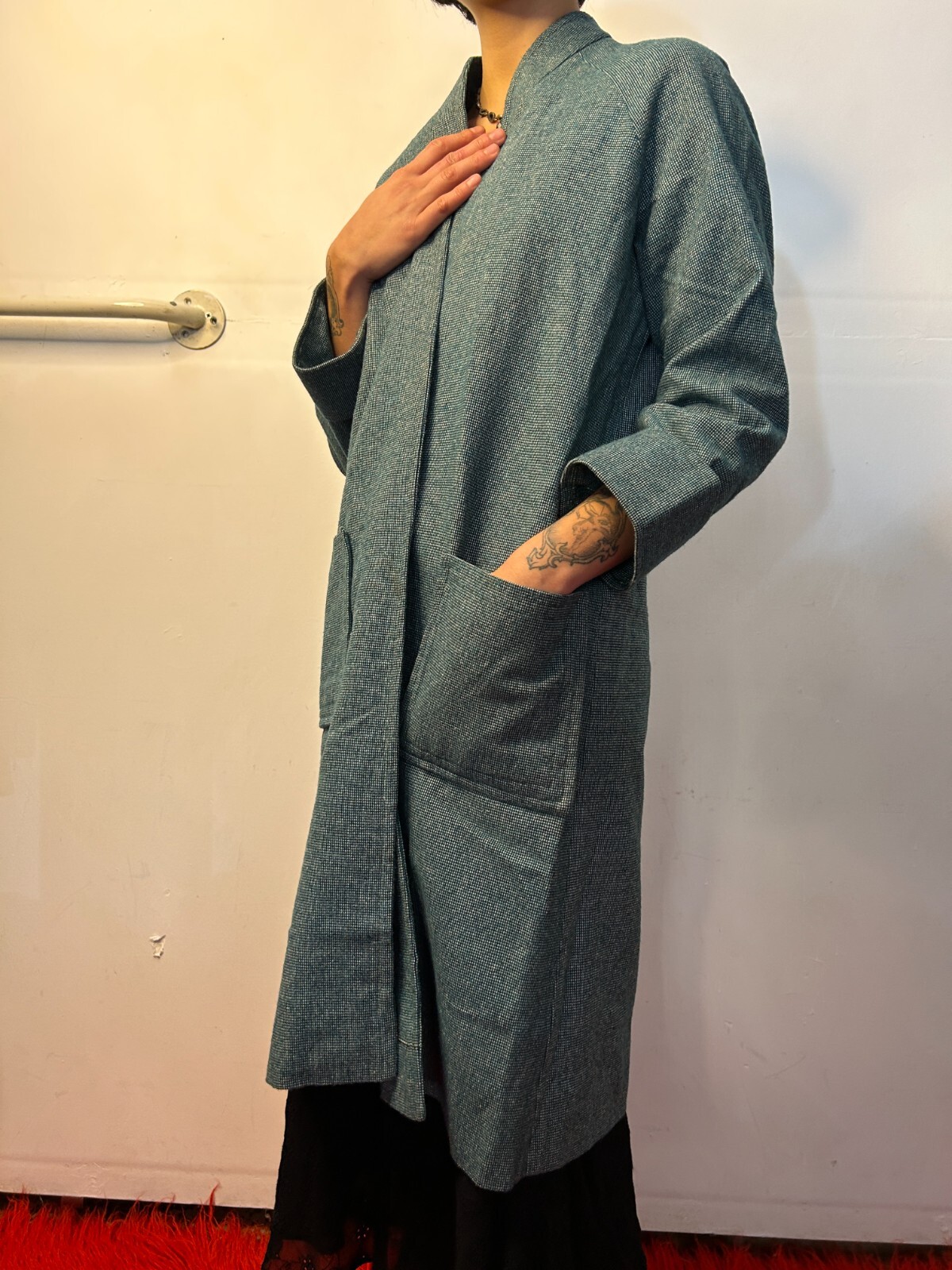 Vintage 1980s Blue Green Womens Woven Duster Coat Textured Cotton AU 6-8