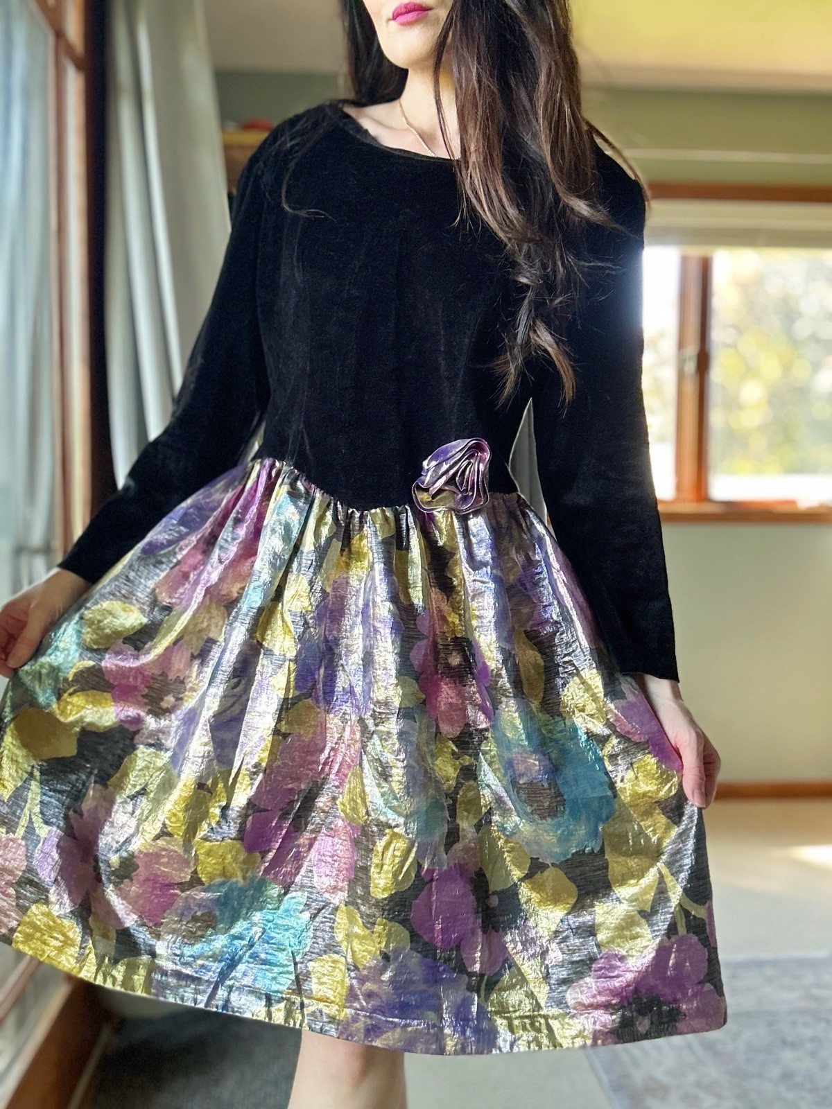 Vintage 1990s Floral Metallic Dress Mini Prom Gothic Party