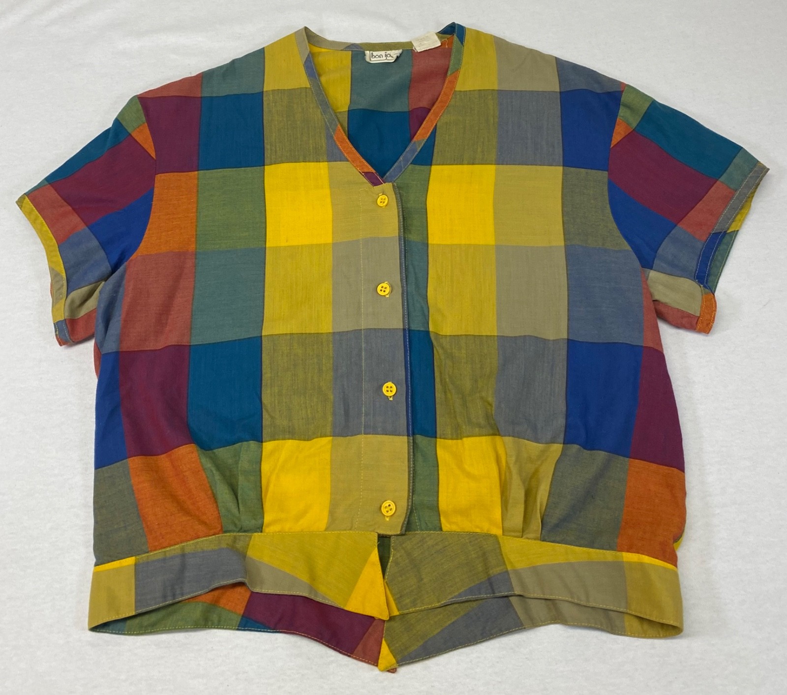 Vintage Patchwork Plaid Shirt 60s 70s BonJour Hippie Top Colorful Retro Mod Boho