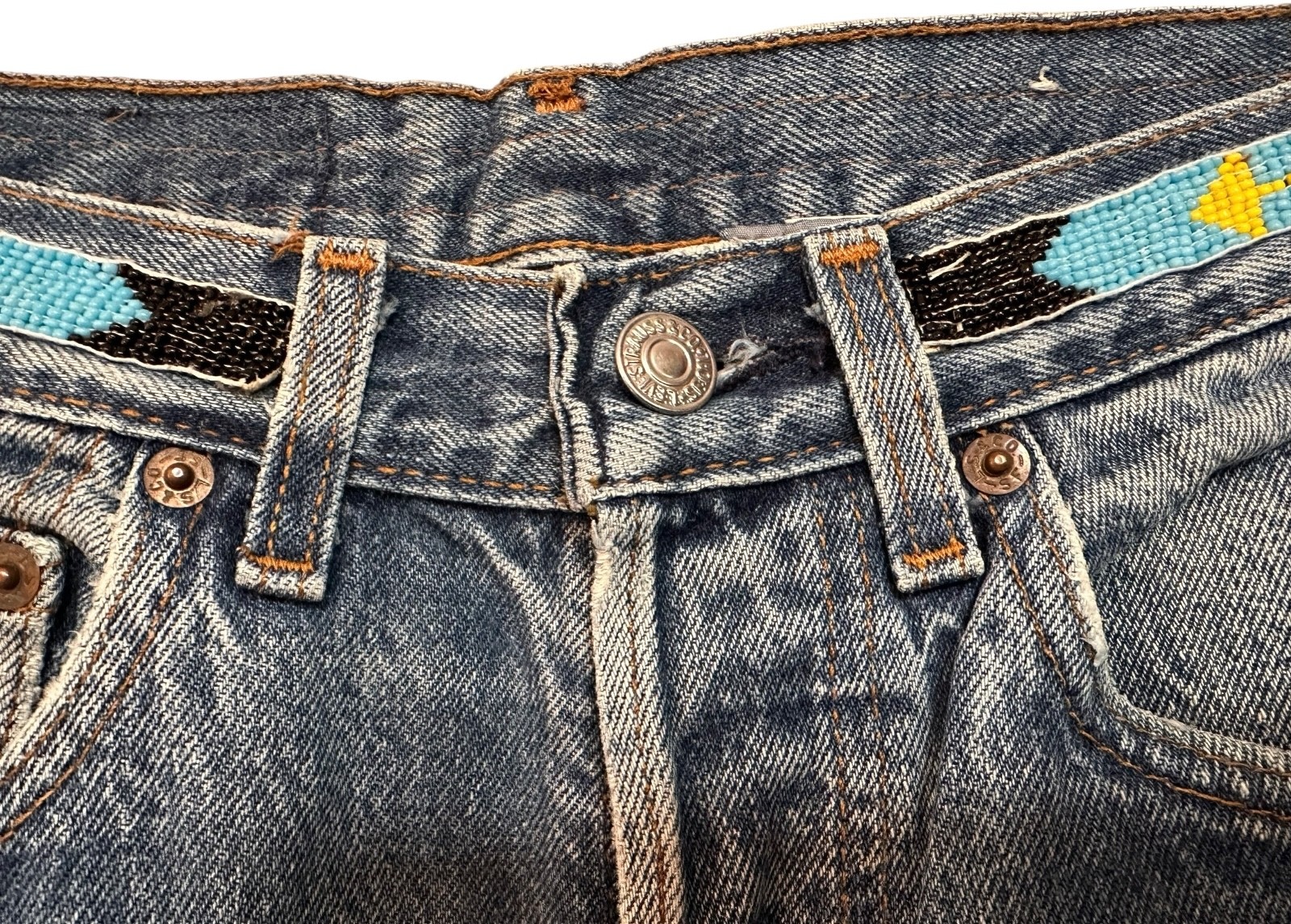 Vintage Buzz 18 Beaded Levi’s 501 Jeans 1980s Reworked 28” Waist USA Made Boho