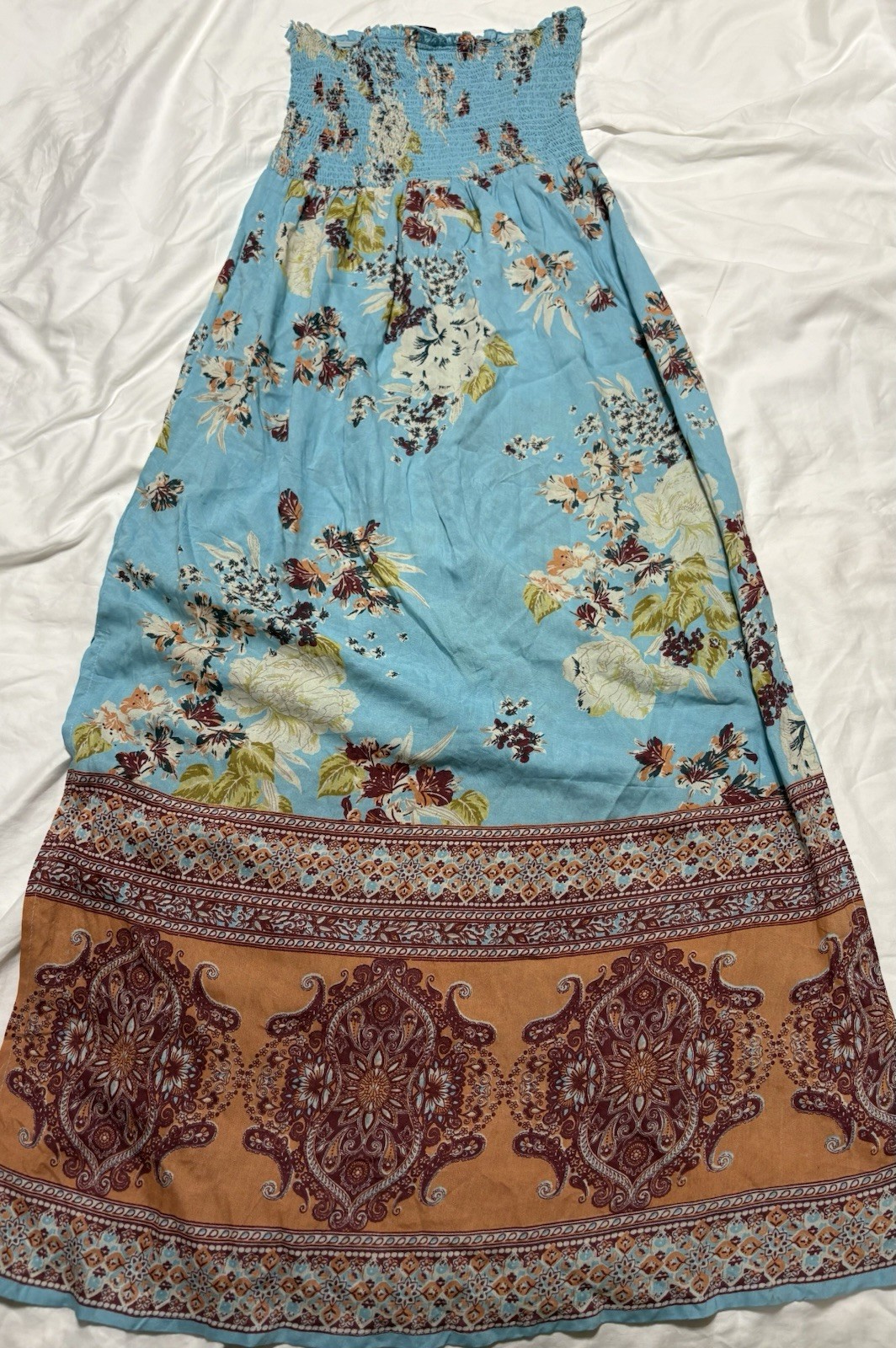 1999 VTG Y2K Angie Boho Floral Smocked Maxi Dress Sky Blue Orange Medium NWOT