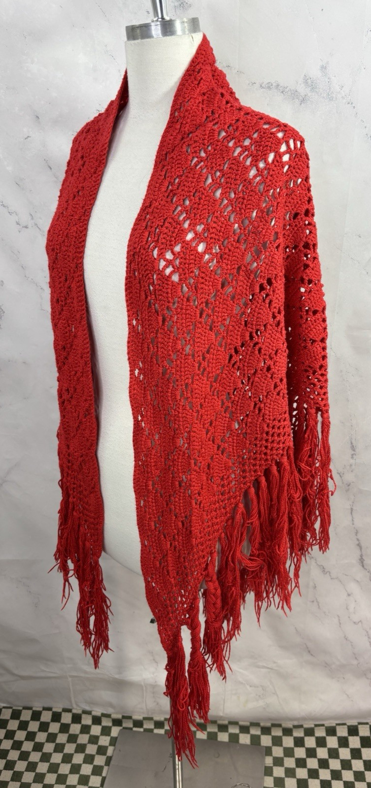 Vintage 70s Crochet Knit Shawl Red Cape Wrap cottagecore Boho Hippie Festival