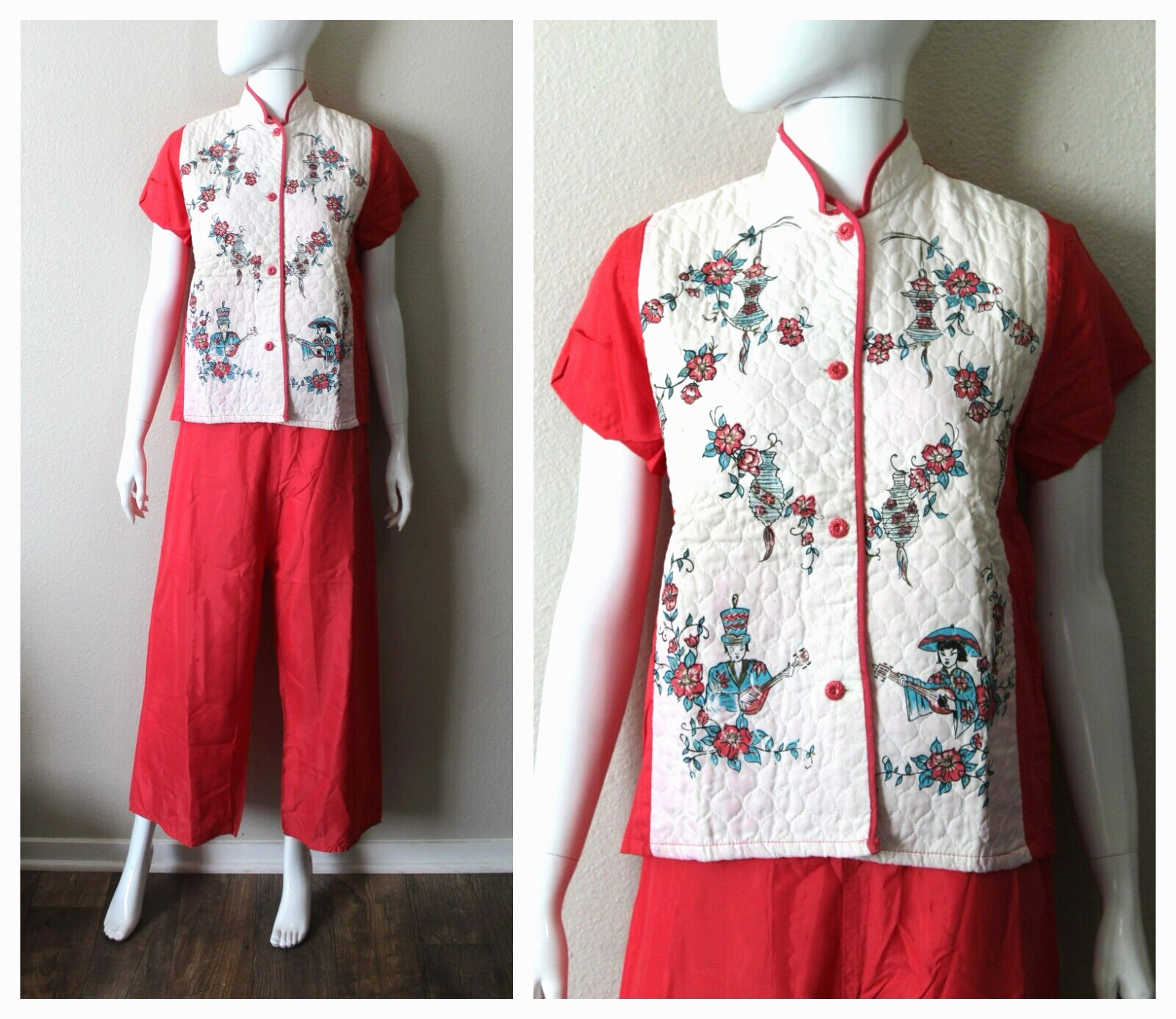 Vtg 40s PAULETTE NY NOS Pajama Set tap pants Wide Leg & top Asian Novelty Print
