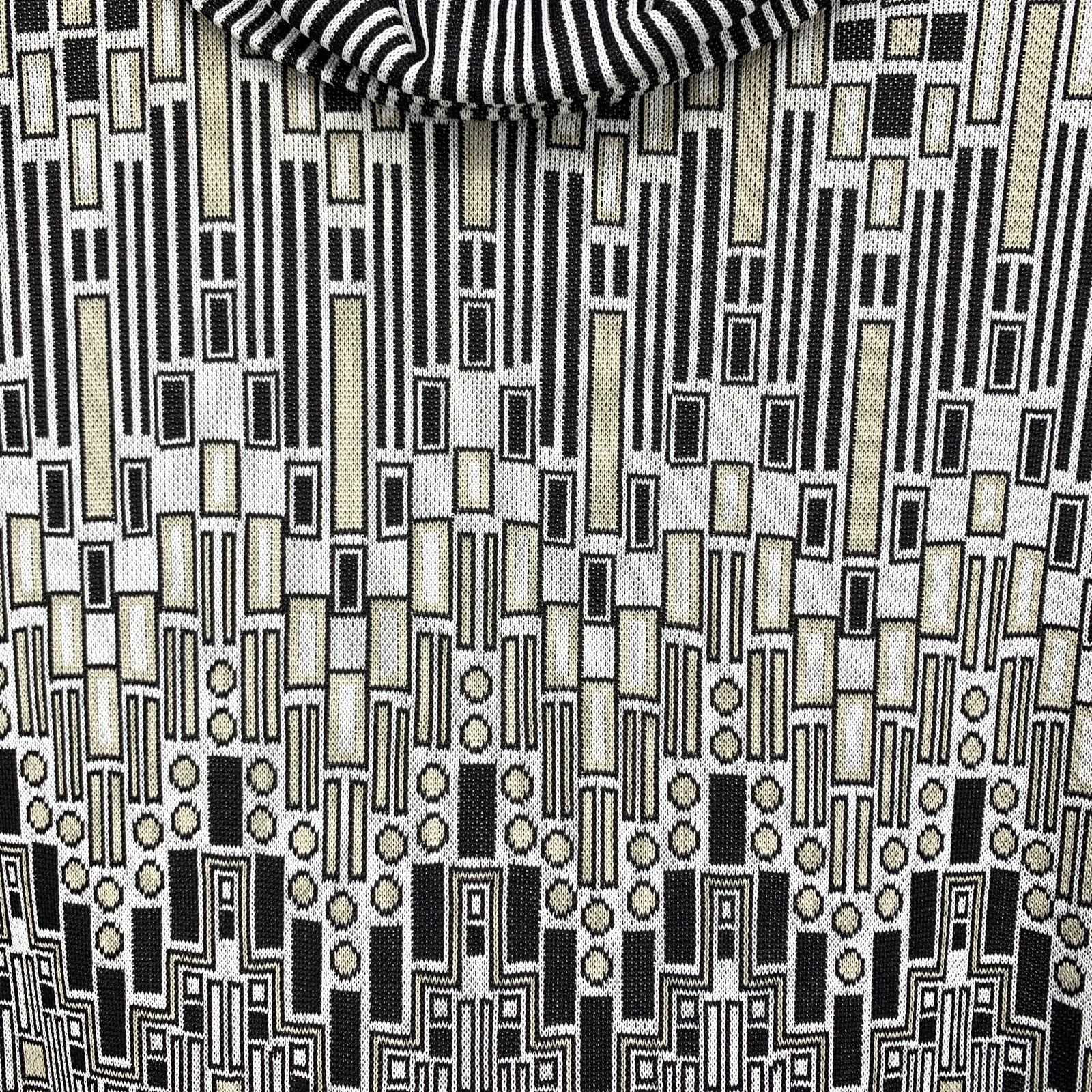 VTG 70s Secretary Dress Womens S/M Geometric Print Black Cream Tan Long Sleeve