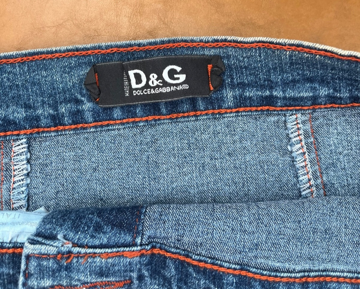 Vintage D&G Dolce & Gabbana Denim Mini Skirt Y2K Orange Stitch Made in Italy 30