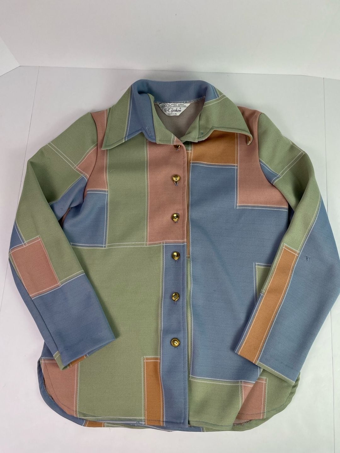 Vintage NPC Fashions Colorblock Geometric Patchwork Knit Button Up Shirt Jacket