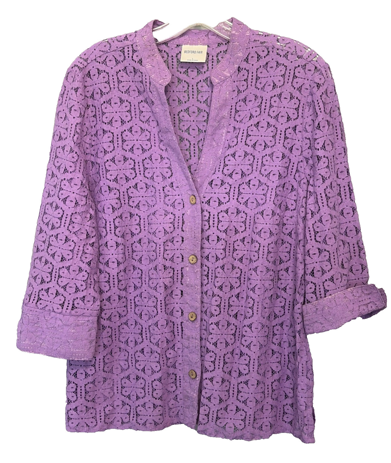 Lace Lavender Jacket Cardigan Blouse Sz Lg Bedford Fair Floral 3/4 Cuff Sleeve