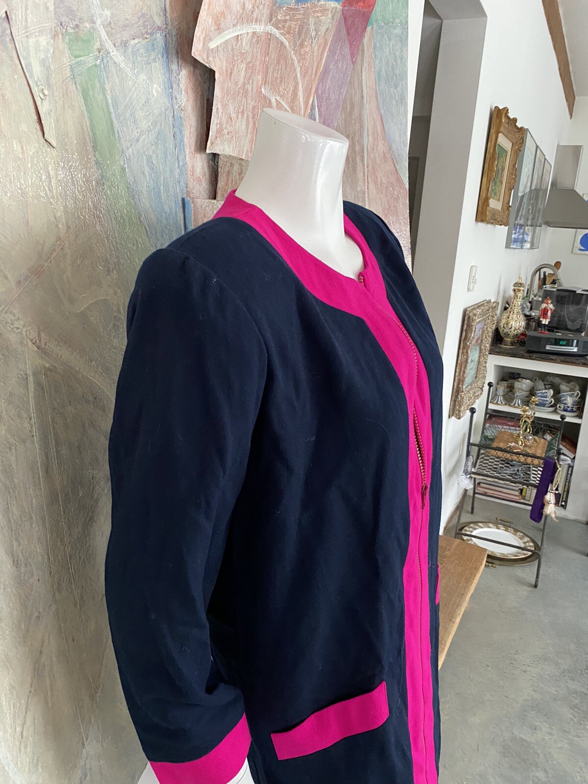 Vintage Henri Bendel Neon Pink Blue Wool Shift Zippered Pocketed Dress Size 8