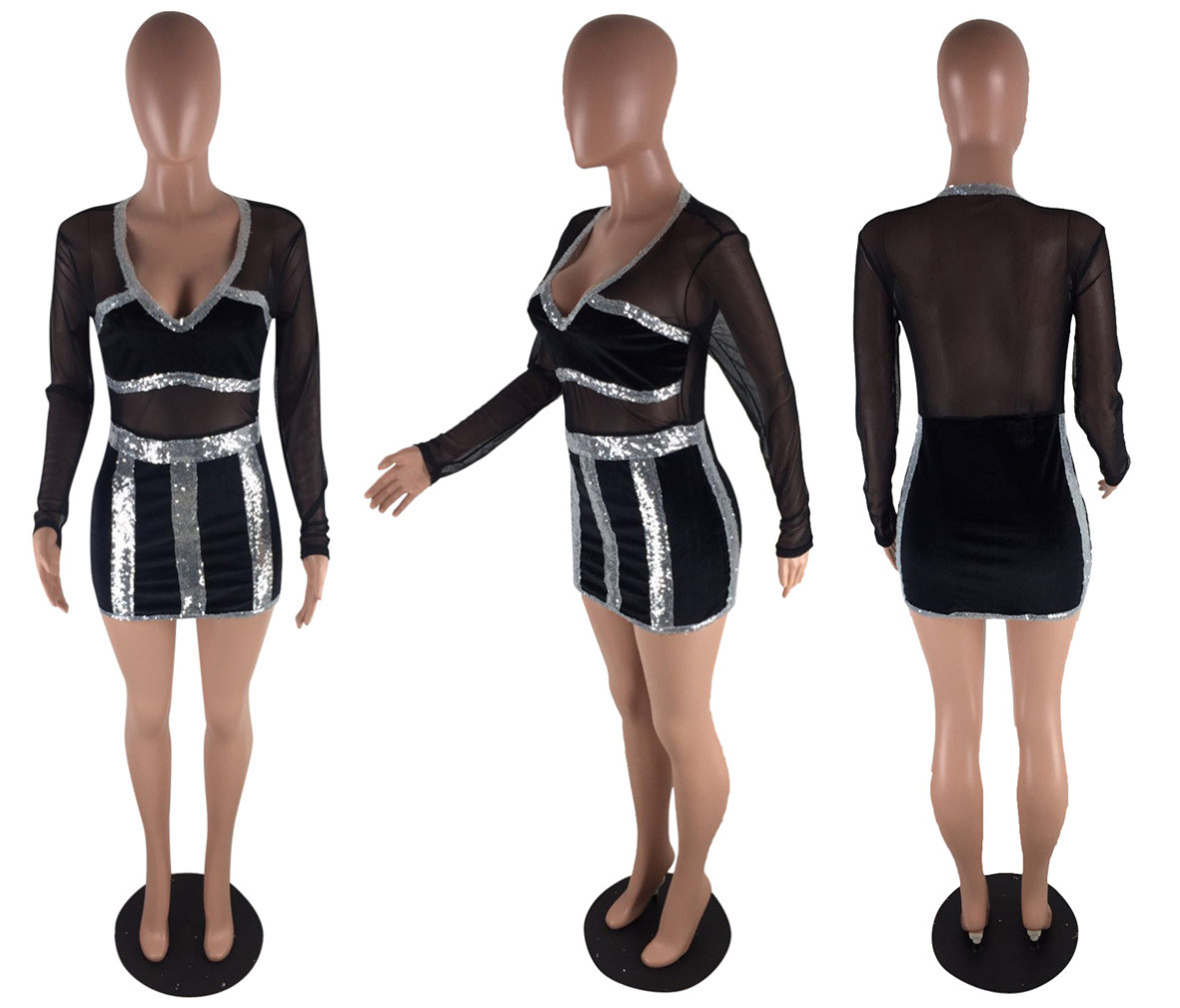 Women Mesh Patchwork Velvet V-Neck Long Sleeve Club Party Sequin Mini Dress （W)