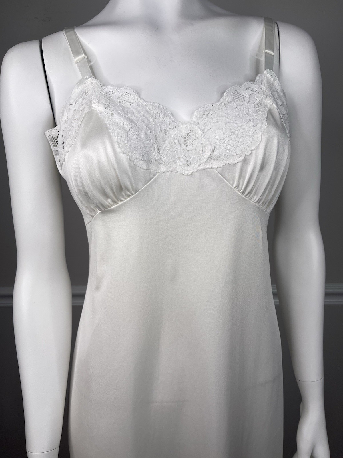 Vintage shadowline Full Dress Slip Lace Bodice 36” tall Sexy Nylon gown white