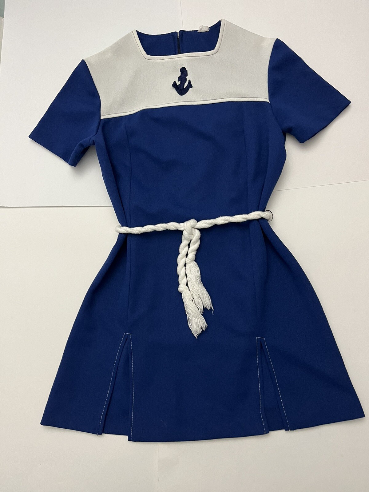 1970s Retro MINI DRESS-Navy Look-Anchor Motif-Side Slits-Braided Rope Belt-Sz 8?