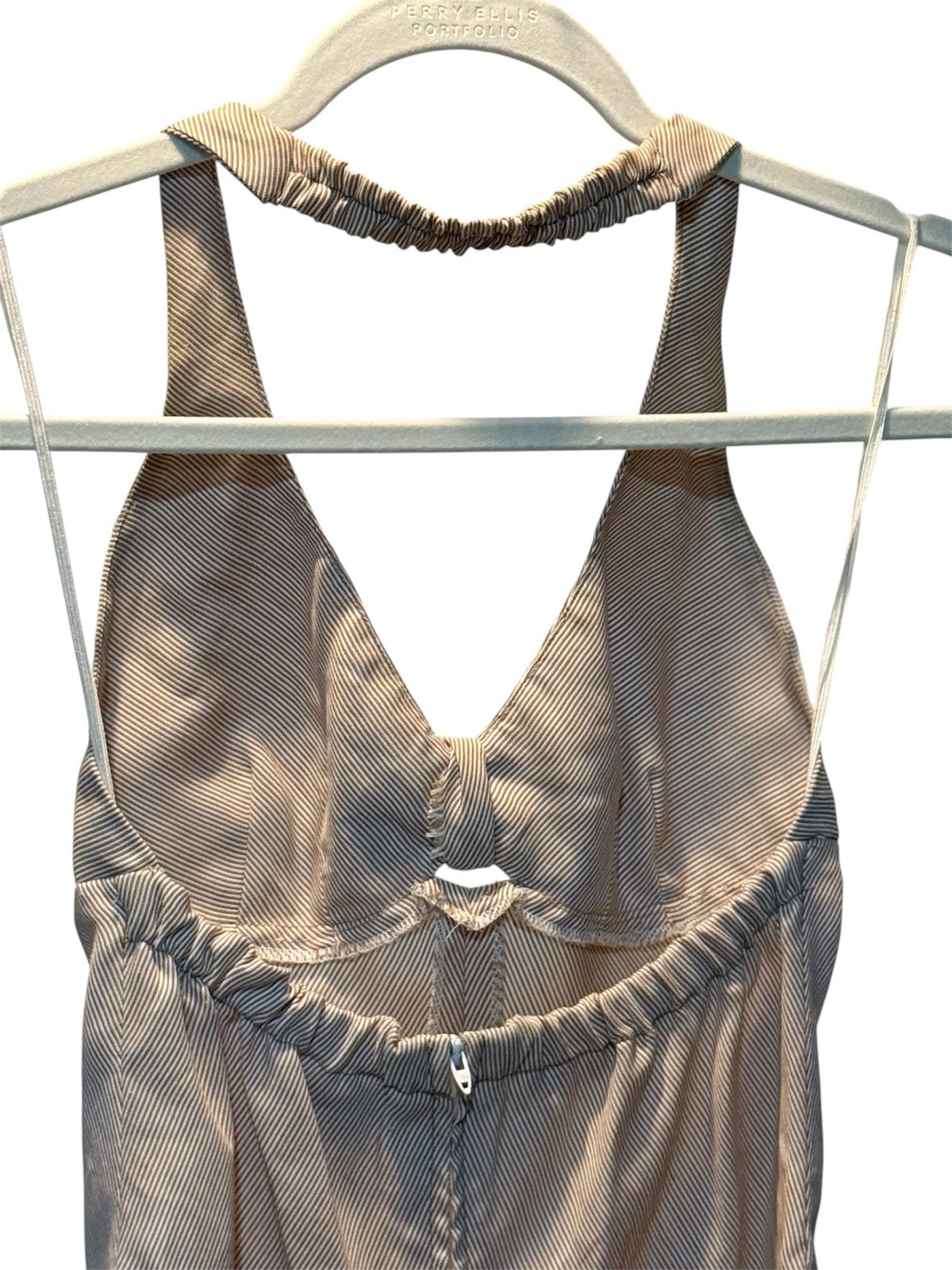 VINTAGE 70s Emily Just Emily Halter Dress – Seersucker Tan Pinstripe SUMMER