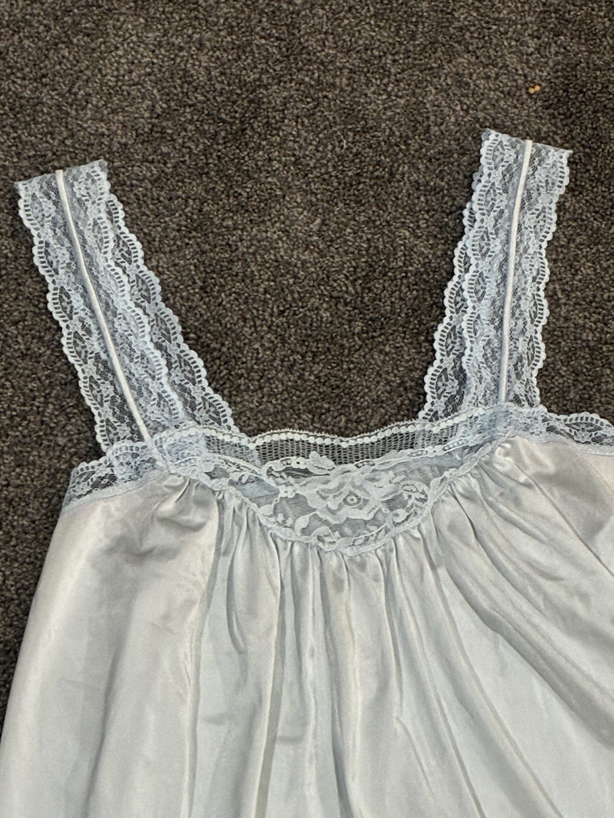 Vintage Long Blue Shadowline Sleeveless Nightgown Lace Neckline MED