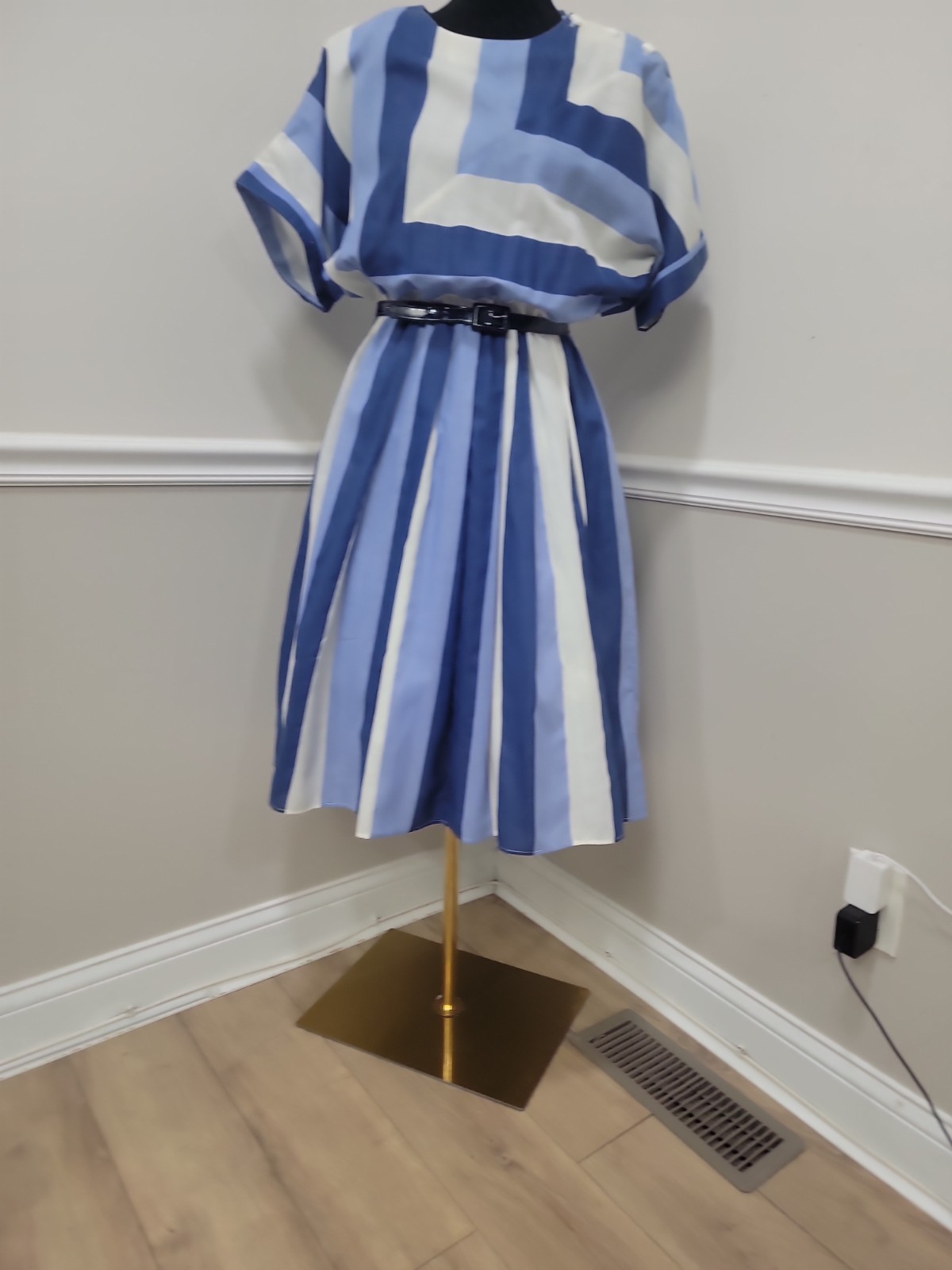80s Blue White Striped Dolman Sleeve Pleated Dress Belted Nautical Party Dress