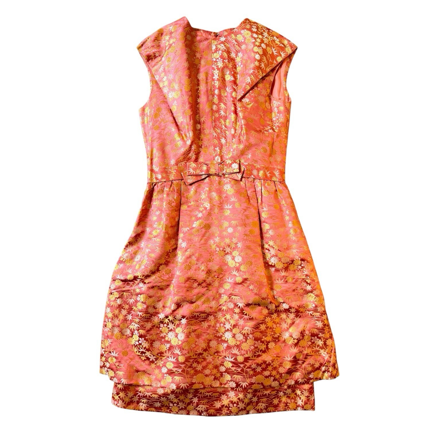Handmade Silk Brocade Dress Pink Gold Floral Asian Inspired Bow Waist Small