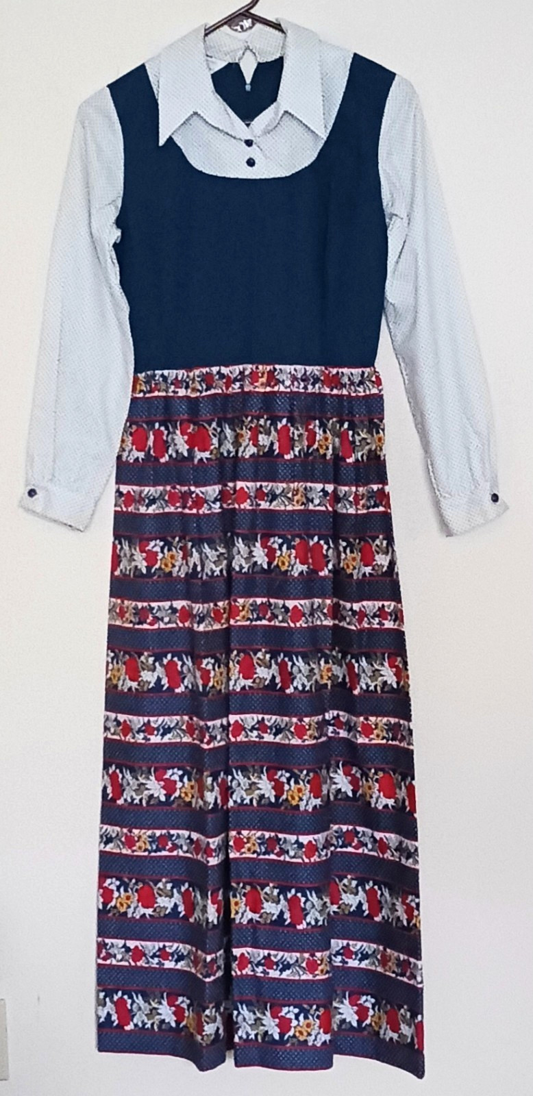 VTG 70s Sears Fashions Maxi Dress Navy Red Floral Cotton Print Skirt L/S Small