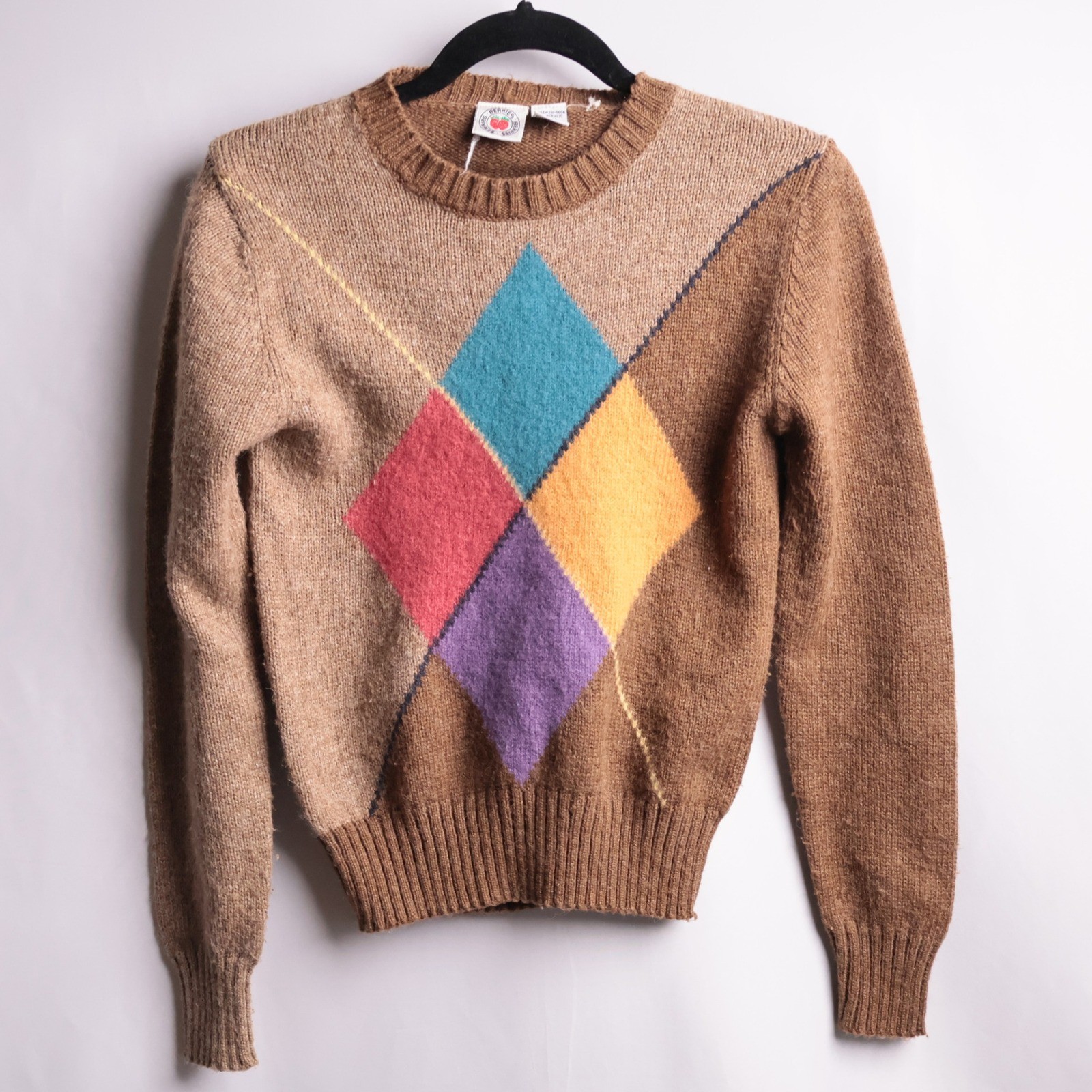 Berries Vintage Argyle Knit Sweater Brown Multi Color Wool Blend Small Academia