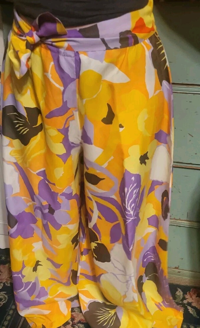 Retro vintage hippy glamour groovy yellow purple orange palazoo pants womens 9