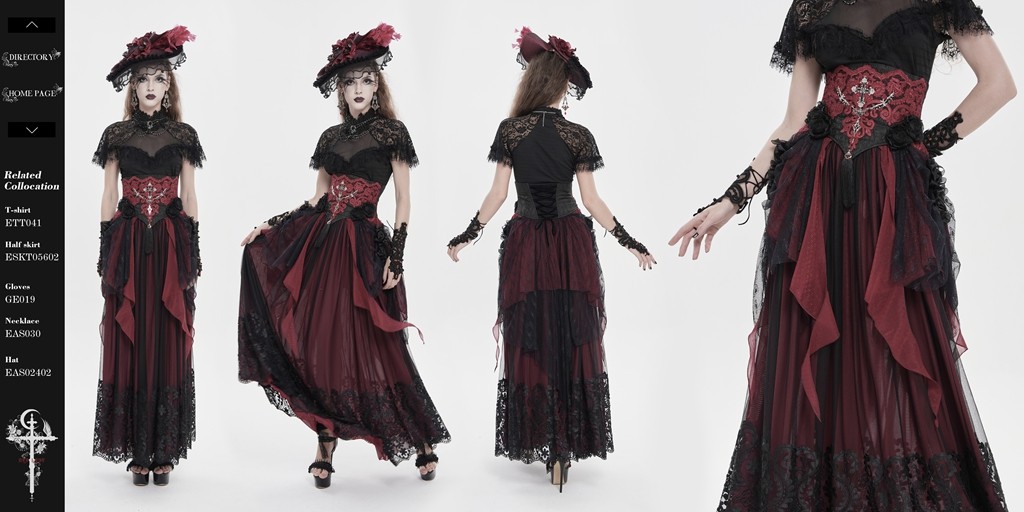 Eva Lady Women Black Red Retro Gothic Elegant Cross Bat Corset With Tulle Skirt