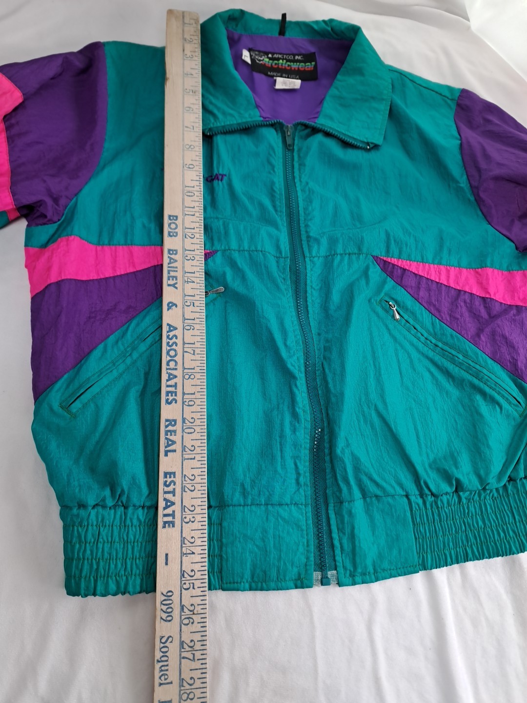 Vtg 80s 90s Womens Arcticwear Cat Teal Geometric Large Colorful Colorblock Pink