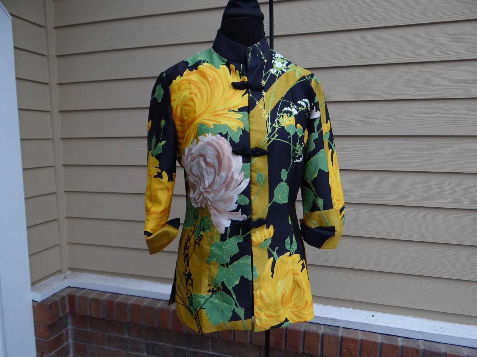 Vtg Alice Of California 1980s Black Yellow Gold Green Asian Style Mandarin Top