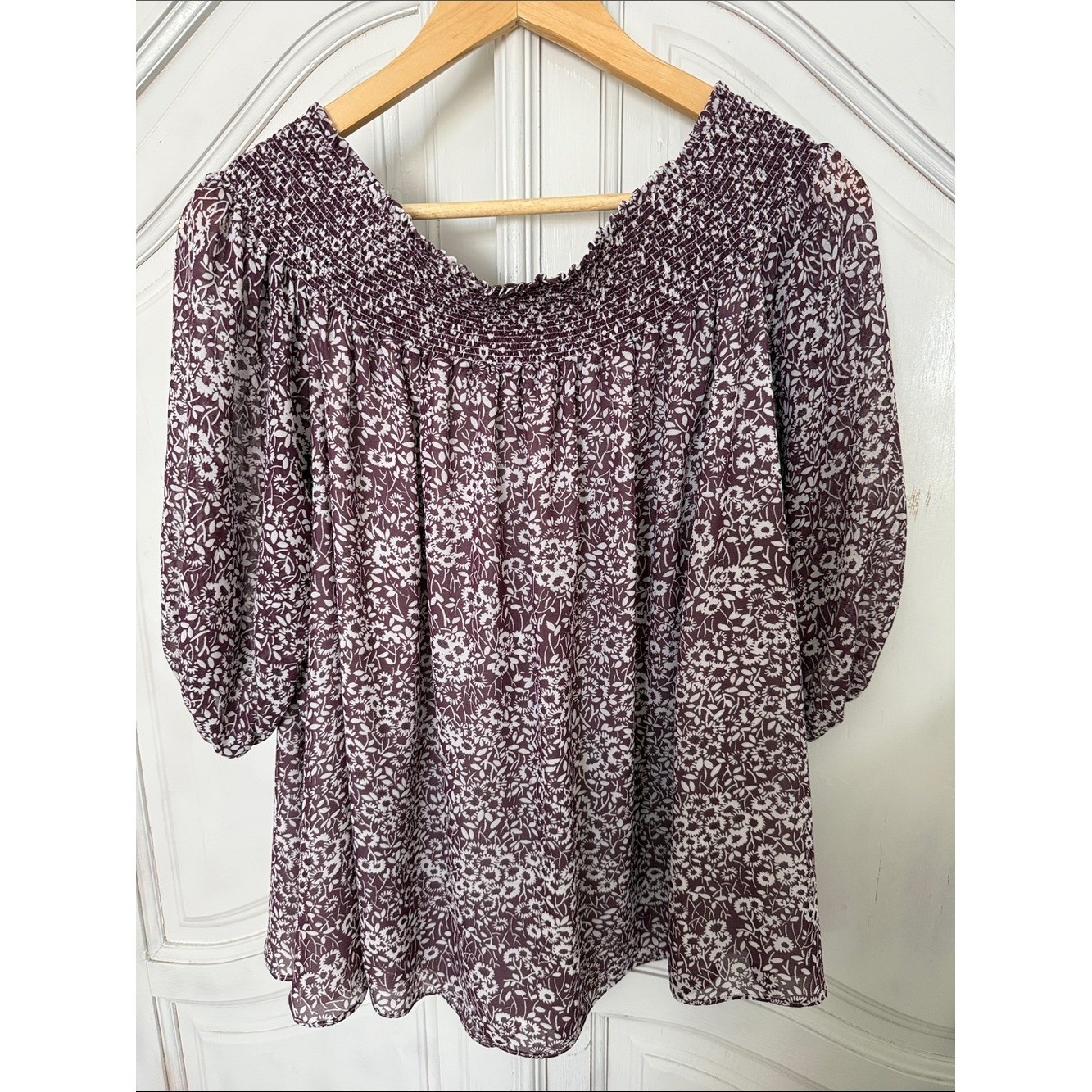 LOFT Smocked Floral Blouse – 3/4 Sleeve Boho Top | Cottagecore Women’s Size M