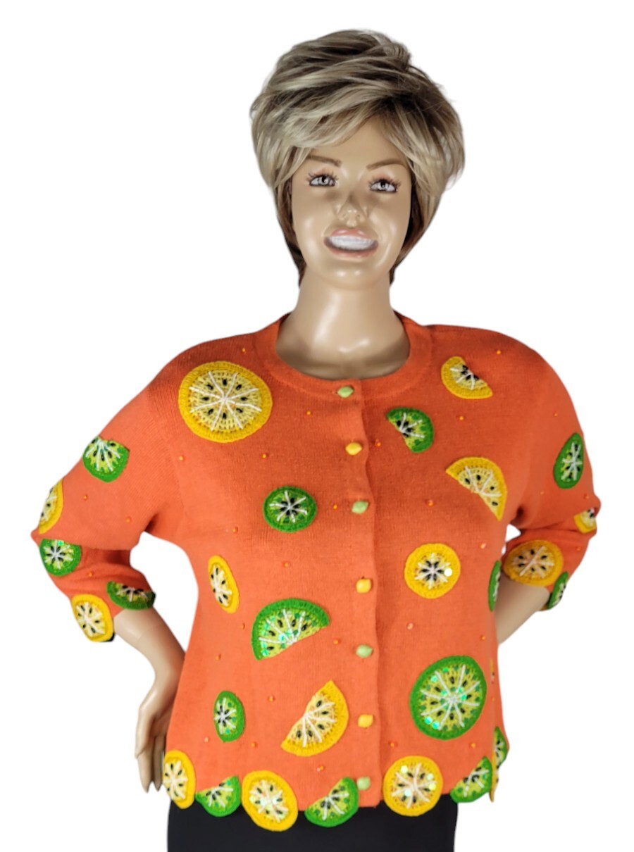 Vtg Design Options By Philip & Jane Gordon Orange Lemon & Lime Cardigan Sweater