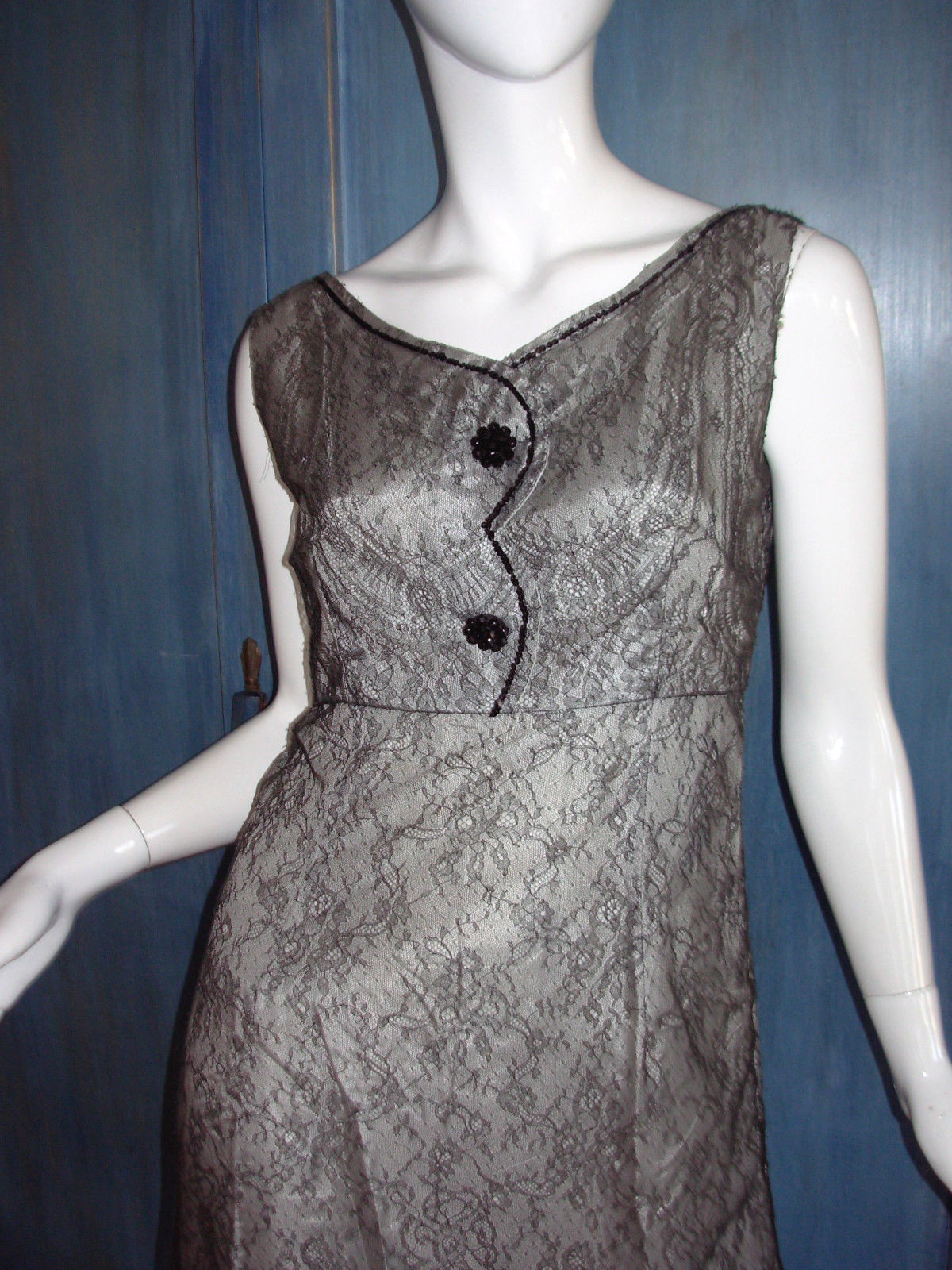 Vtg 50s 60s MOLSTAD & CO Dress 42 M Foral LACE Beaded JEWEL WIGGLE COCKTAIL Rare