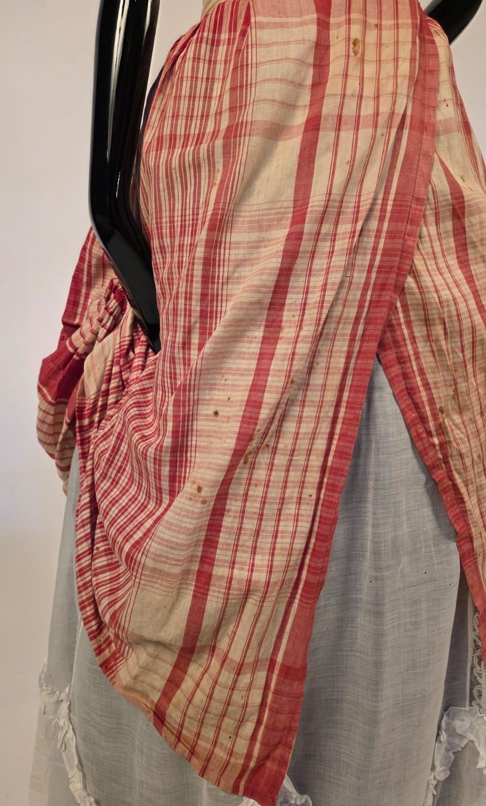 VICTORIAN 19TH C PLAID COTTON POLONAISE BUSTLE BACK OVERSKIRT SKIRT