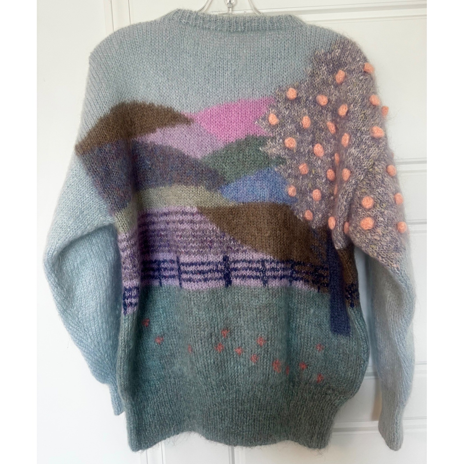 Vtg 80s SUSIE LEE Mohair Sheep Sweater Hand Knit Pastel Cottagecore Landscape L