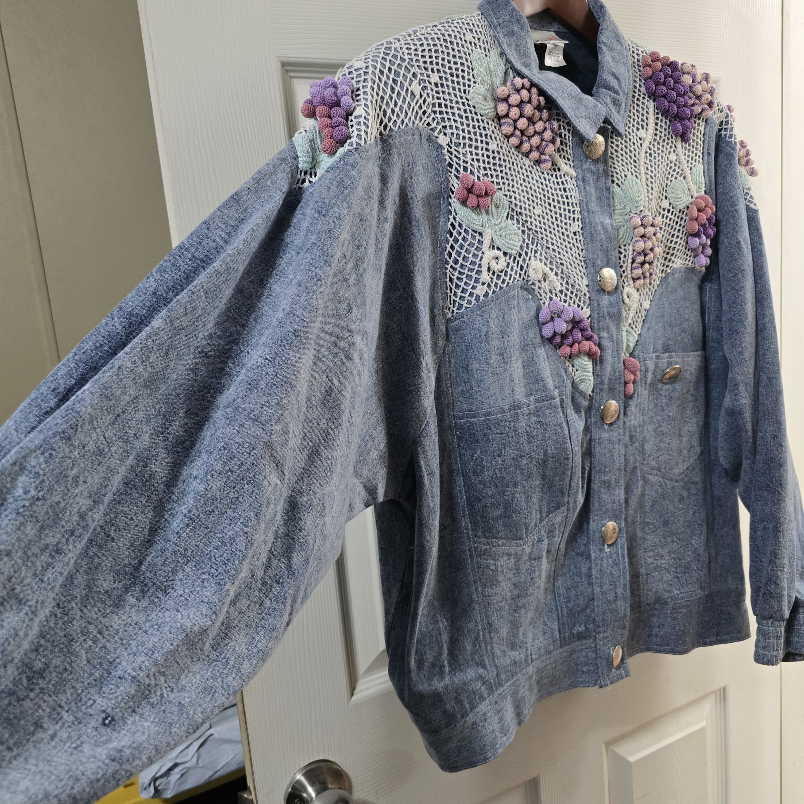 Vintage Lim’s 3 Piece Denim Grape Appliqué Set USA Made Size Large Grandmacore