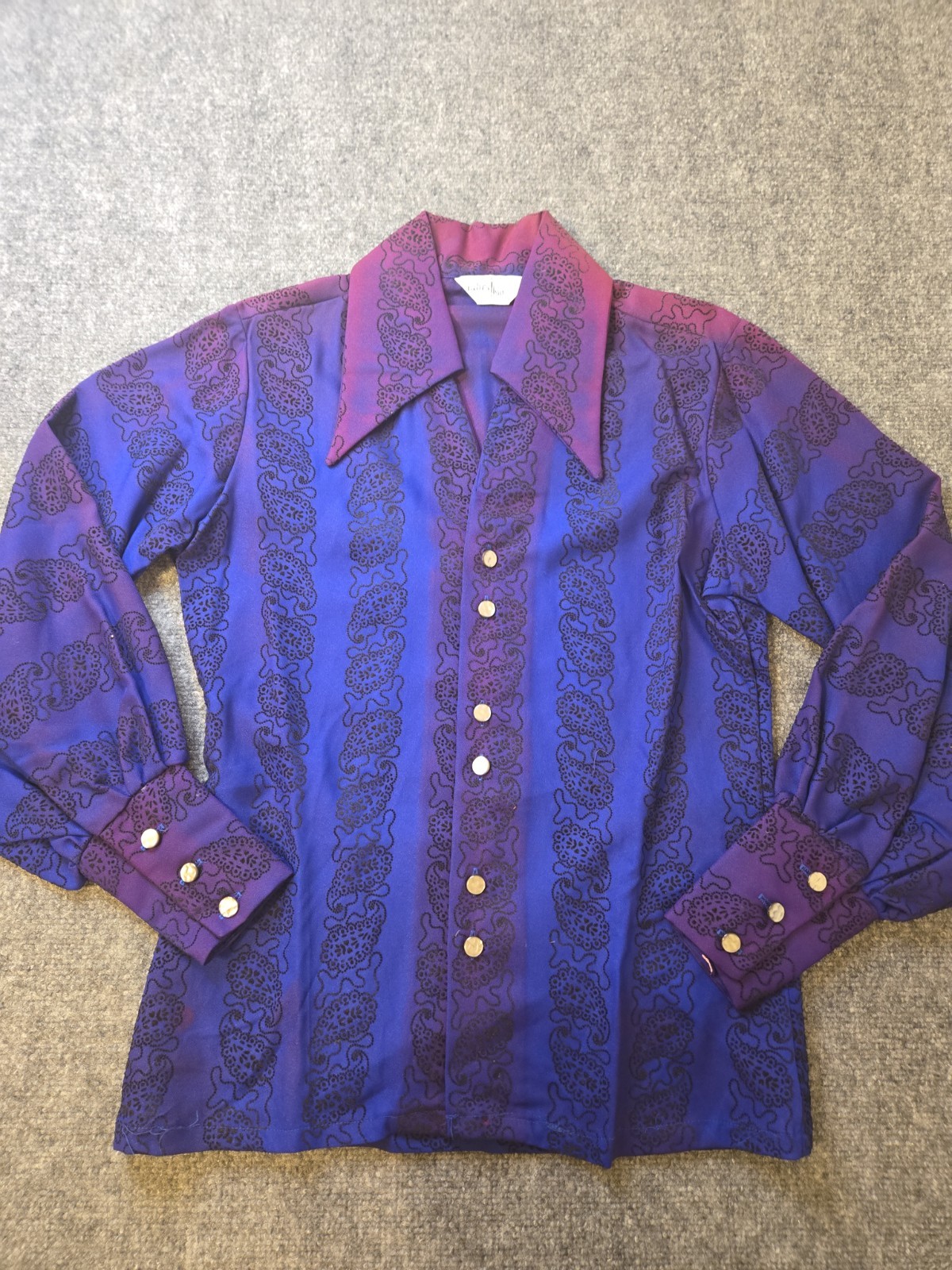 Vintage 70s Blue Purple Fade Button Up Polyester Shirt with Dagger Collar DISCO