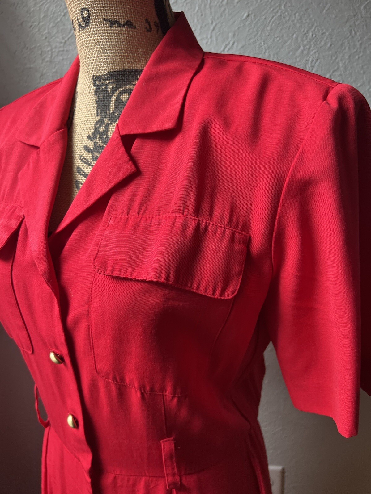 1980s Lipstick Red Button-Up Shirt Dress S M 80s Stranger Things Secretary Retro