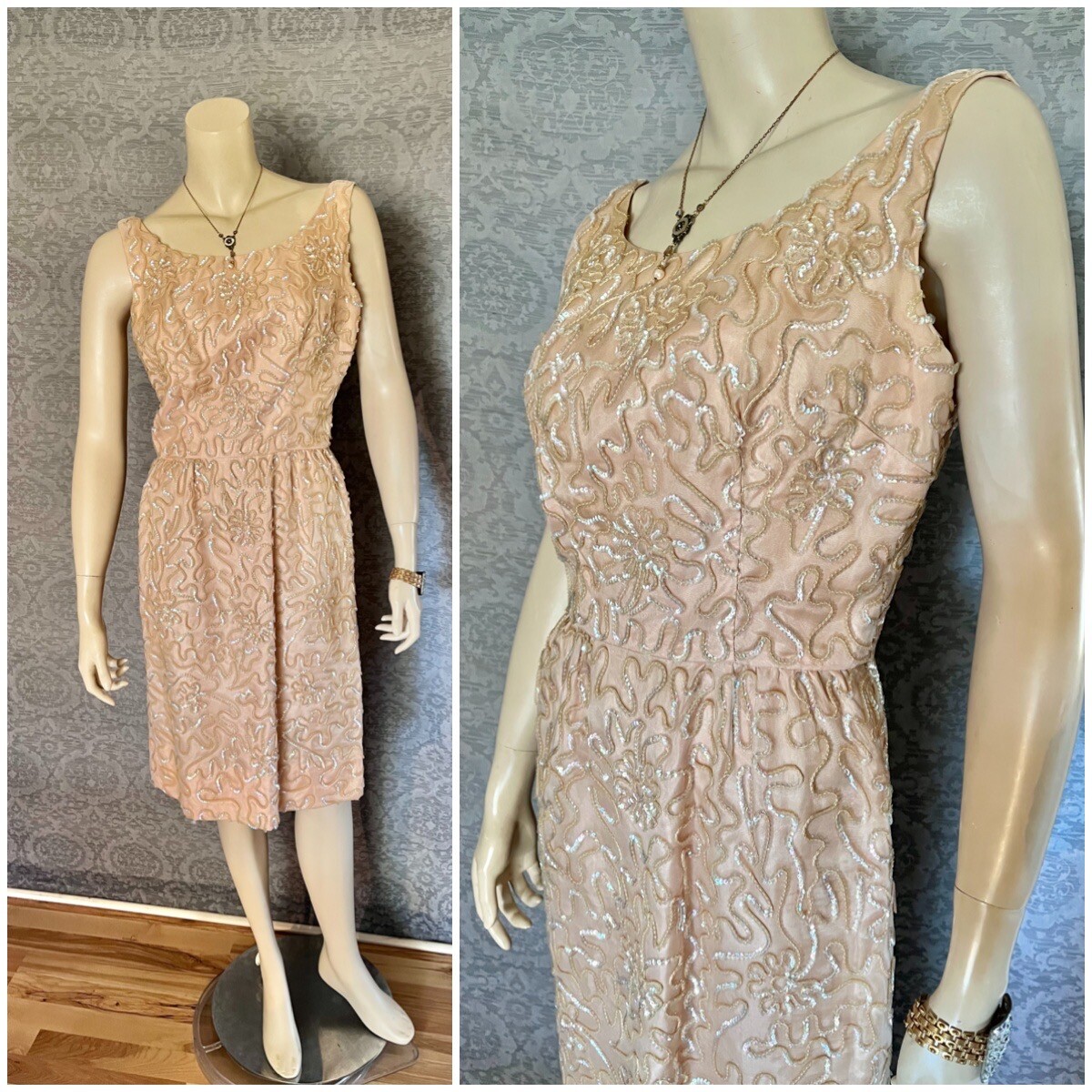 1960s Pale Peach Wiggle Dress, AB Iridescent Sequins, Jr. Theme NY, Petite, VLV
