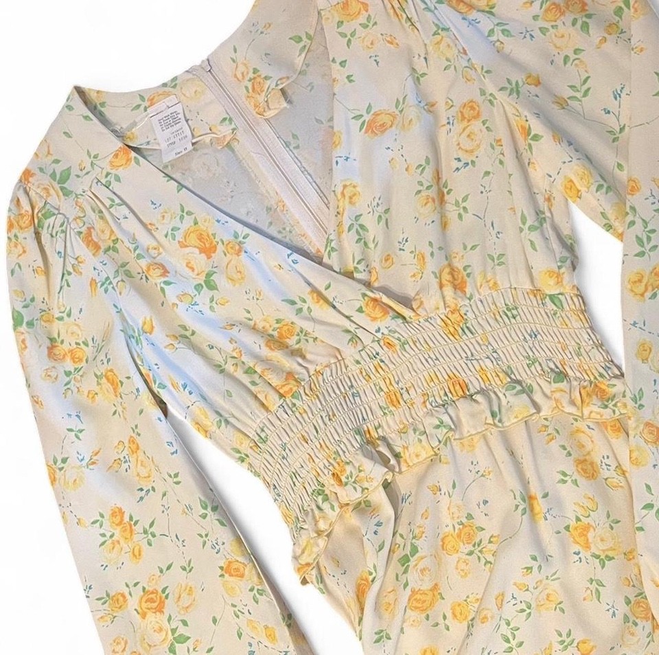 Vintage 60s 70s Floral Midi Cottagecore Dress Cream Yellow XS