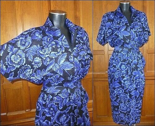 VTG 80s Midnight Floral Garden Print Dolman Slv midi BoHo Belted DRESS pockets