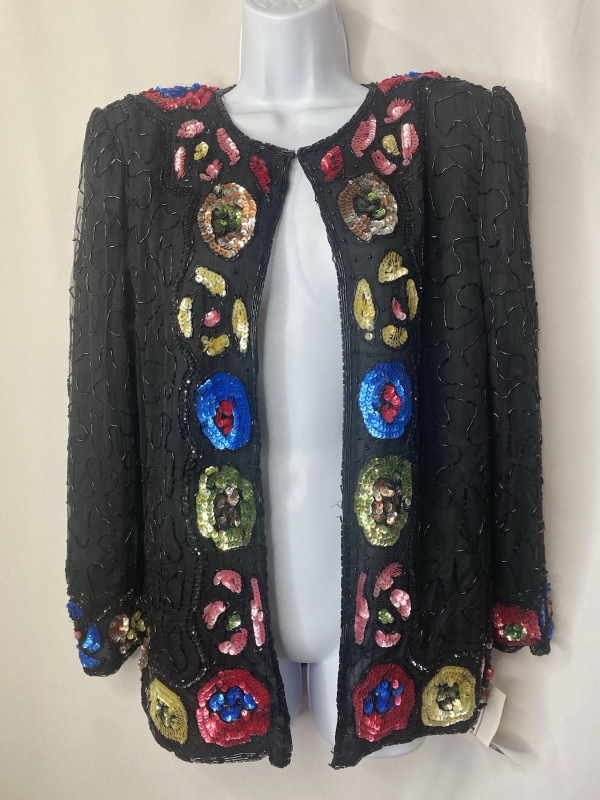 Vintage Felicity Sequined 100% Silk Jacket Size Large Rave Wear Bling Divas Y2K