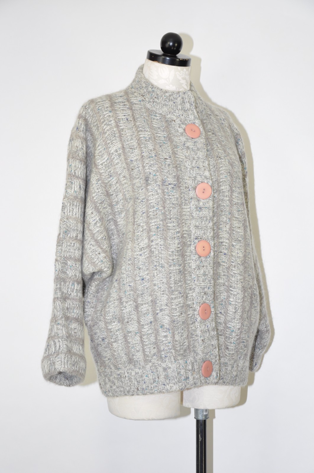 80s Vintage Gray Fuzzy Wool Mohair Buttoned Cardigan Sweater Jacket Women L XL