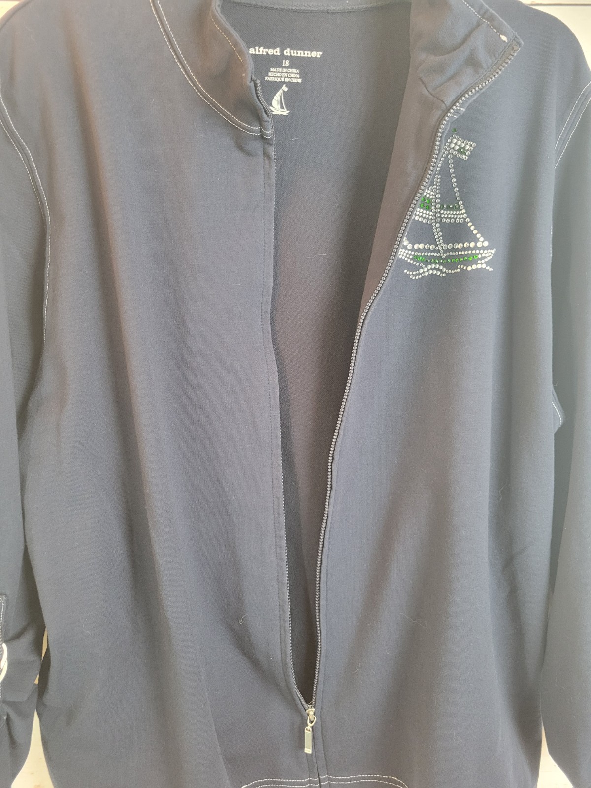 Alfred Dunner Blue Full Zip Rhinestones Nautical Sailboat Jacket Women’s Size 18