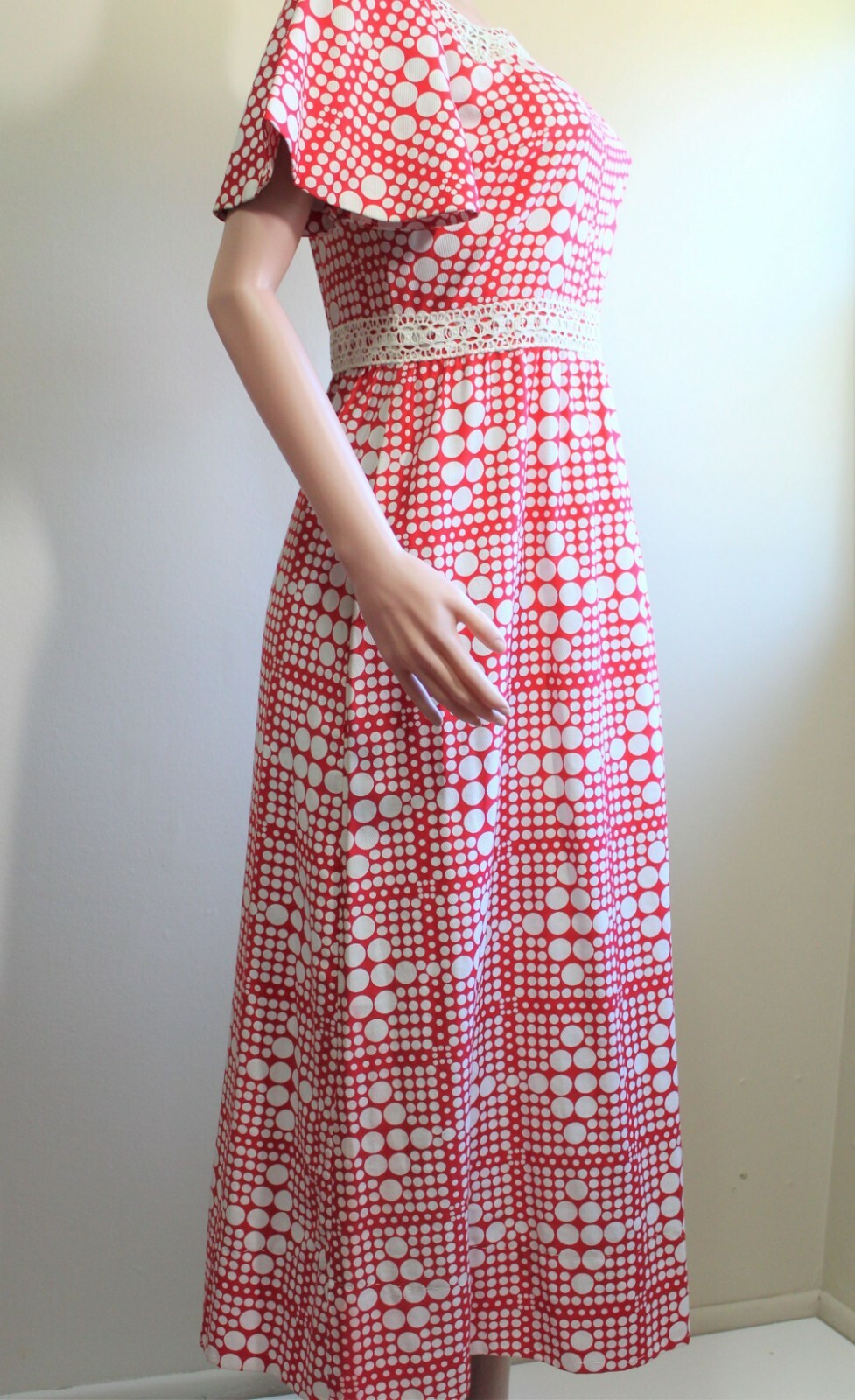 M Vintage 70s Maxi Prom Dress A Line Red White Polka Dot SS Puritan Juniors