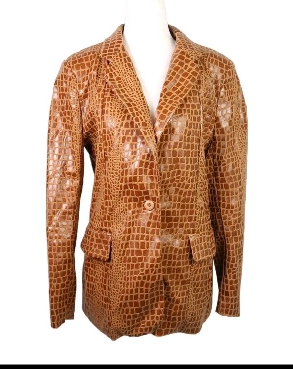 Vintage 90s Selene cognac brown faux leather Crocodile print blazer jacket M