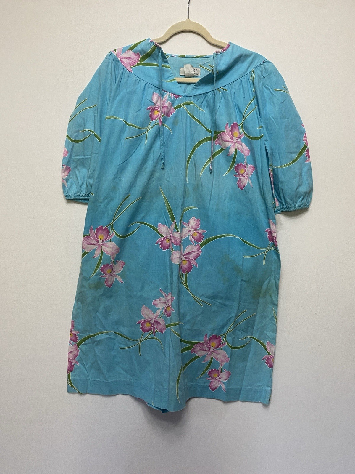 Vintage 70s 80s Nani Honolulu S Mumu Kaftan USA Orchids Turquoise