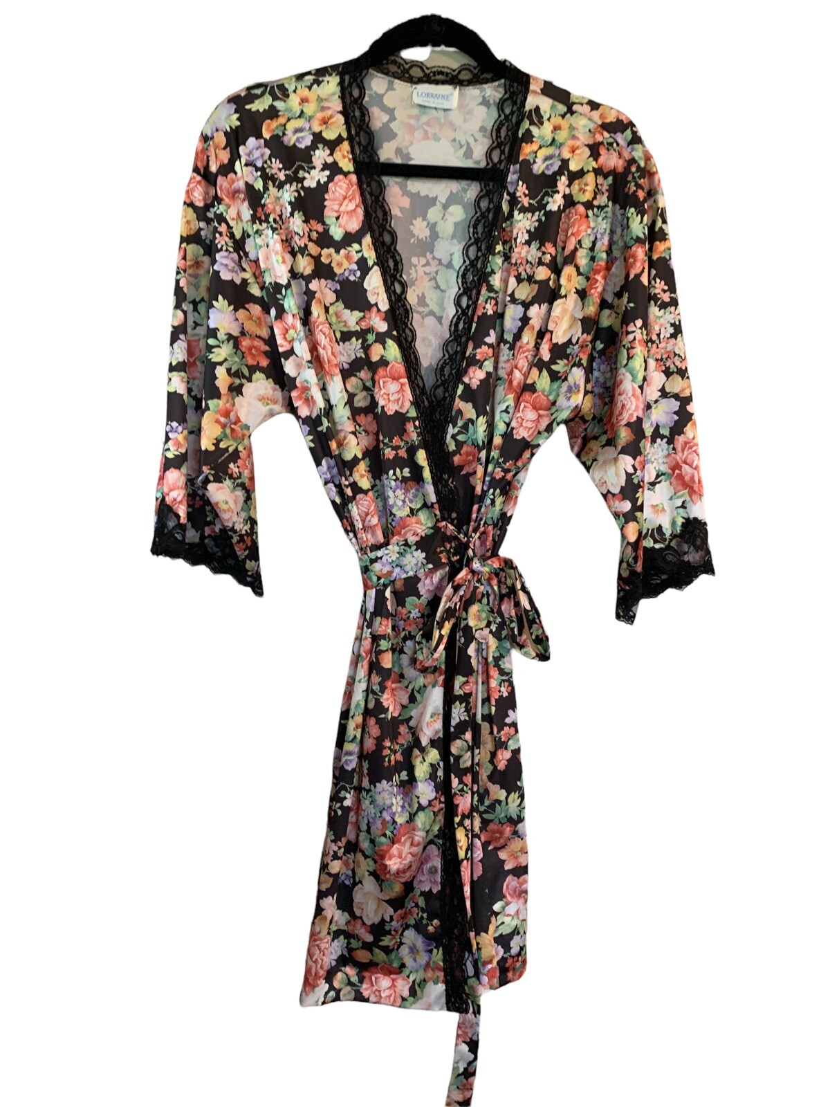 Lorraine Large Black Floral Robe Tie Glossy Satin Lace Trim Flower USA Sleepwear