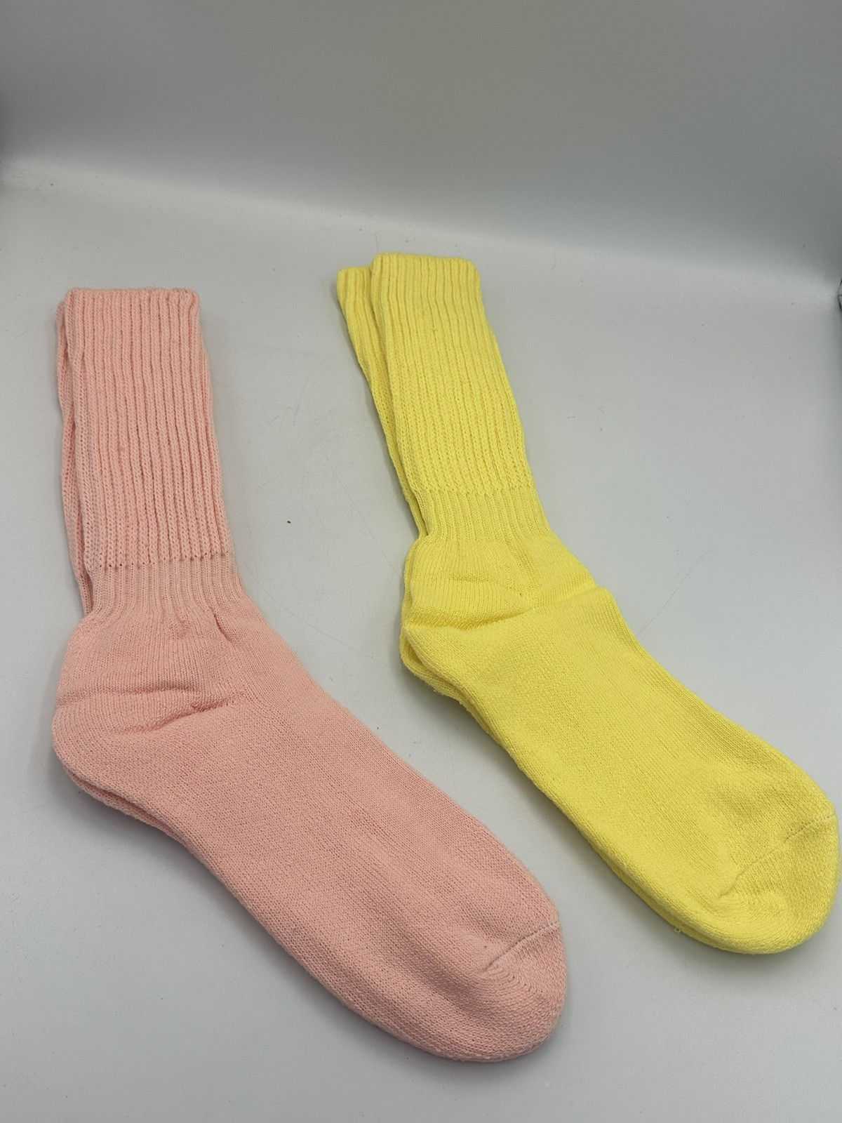 2 Vintage 1980s-1990s Slouch Socks Pink Yellow USA 100% Cotton New