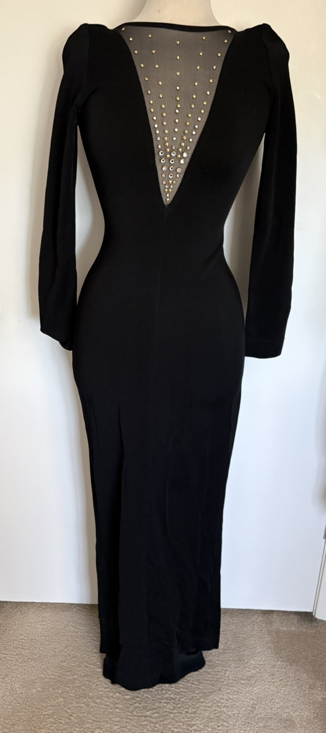 Tadashi Vintage Maxi Dress 90s Black Rhinestones Plunge Accent Evening Dress S